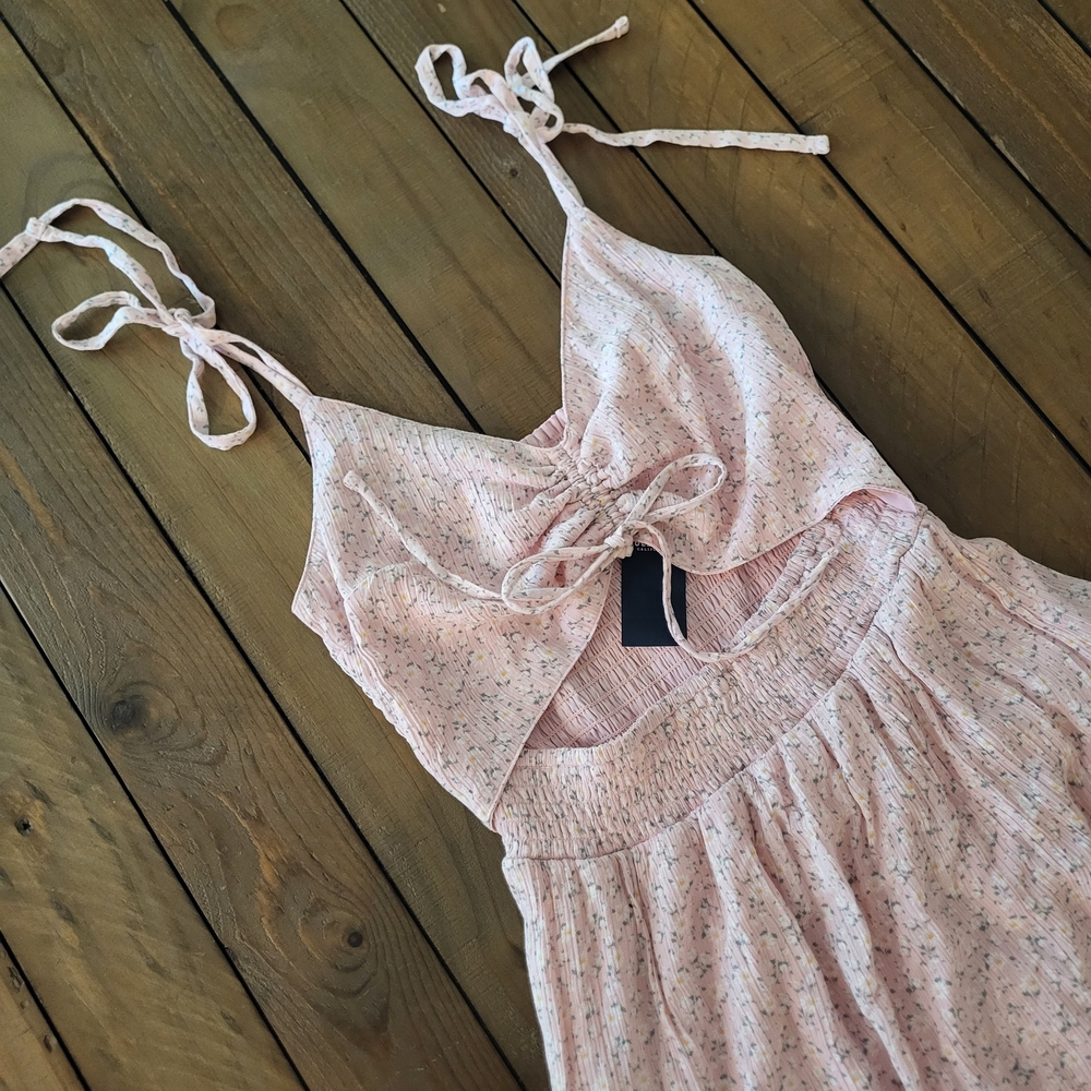 Hollister Pink Floral Cut Out Ruched Tie Front Sundress